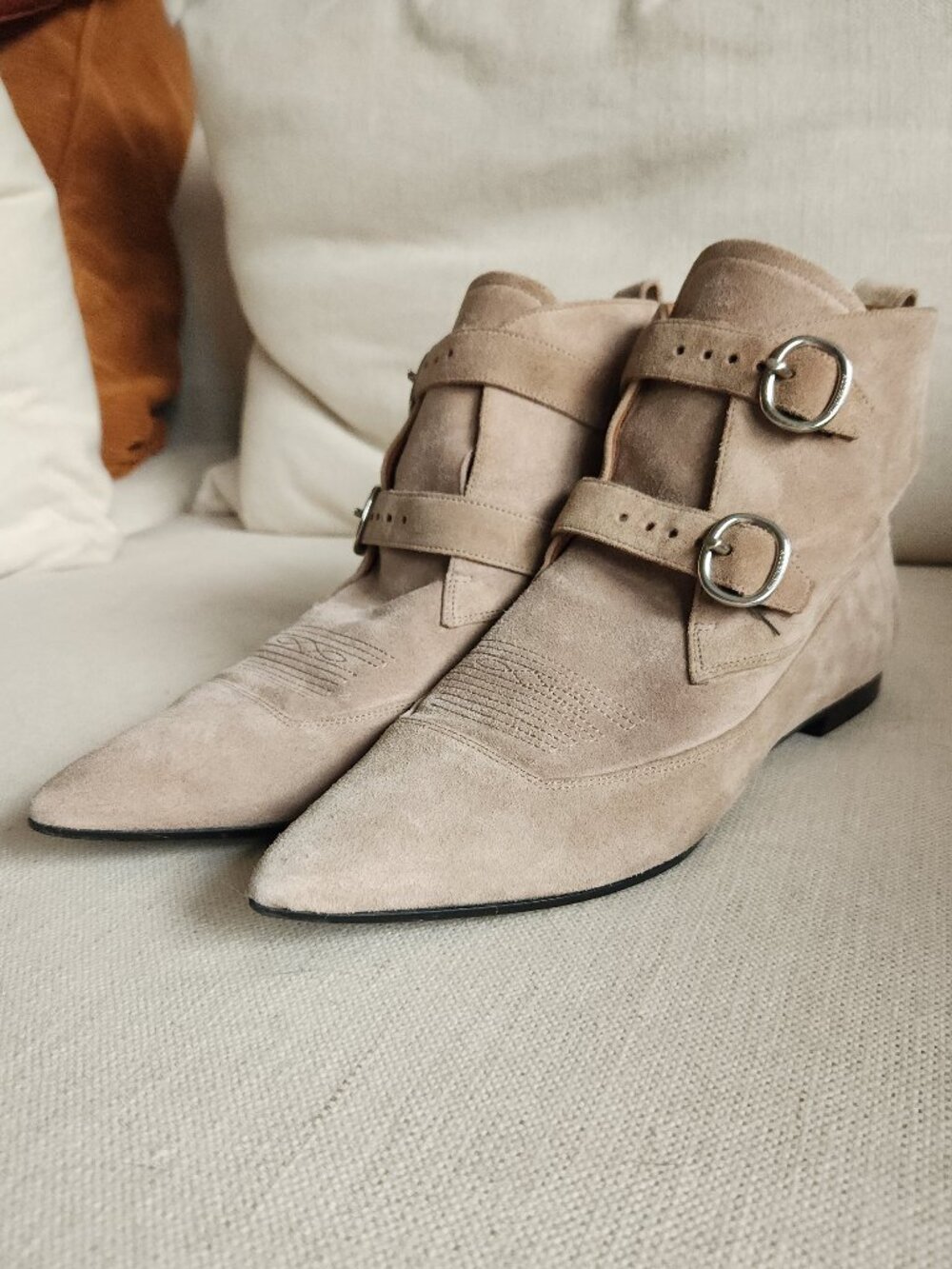 AllSaints Taupe-Beige Suede Double Buckle Pointed Ankle Boots - Sz 7.5